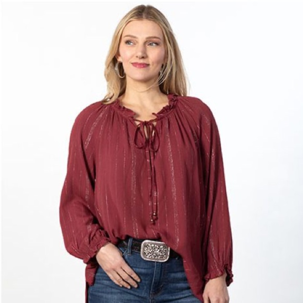 Lucky Brand Sheer Red and Gold Metallic Peasant Top Tie Neck Cinched Sleeves